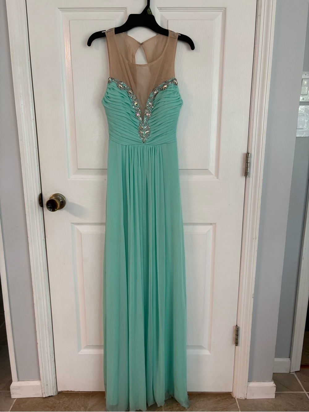 City Triangles Mint Green Chiffon Prom Gown with Illusion Nude Yoke